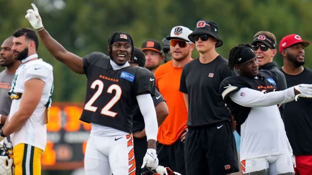 Cincinnati Bengals cornerback Chidobe Awuzie (22) reacts to a play during a joint practice between the Green Bay Packers and the Cincinnati Bengals, Wednesday, Aug. 9, 2023, at the practice fields next to Paycor Stadium in Cincinnati.